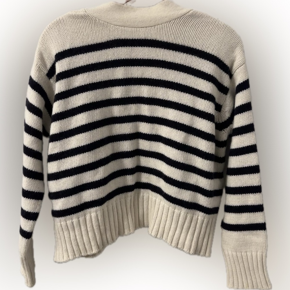 SÉZANE Wool Cotton Blend “Wilson” Cardigan | Ecru/Navy Stripes - Picture 7 of 13
